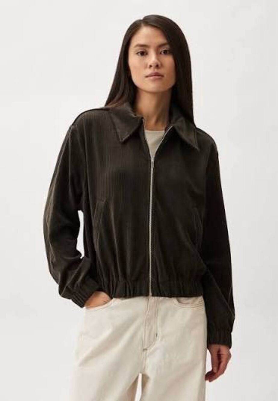 MANGO MNG Corduroy Bomber Jacket Khaki Green Zip Front Womens Small NEW